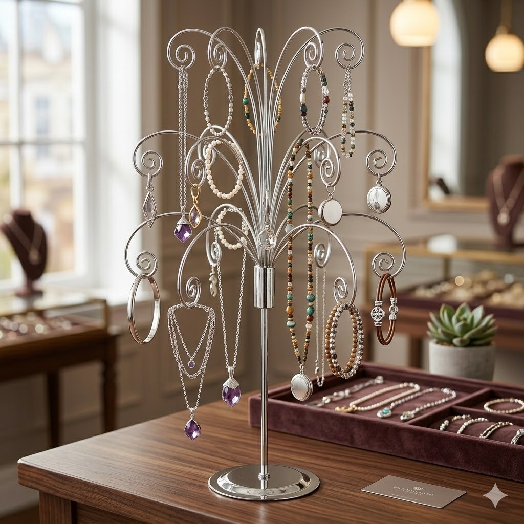 HOHIYA 20 Inch Tabletop Ornament Display Tree Metal Christmas Tree Stand for Desk & Mantel Small Jewelry Tower with Hooks Perfect Holiday Gift Chrome Silver